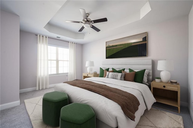 2544 Castellan Dr, Atlanta, GA 30316 - carpeted bedroom featuring a tray ceiling, baseboards, and ceiling fan