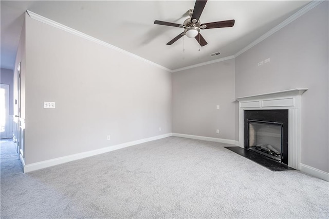 2544 Castellan Dr, Atlanta, GA 30316 - unfurnished living room with carpet floors, ceiling fan, ornamental molding, baseboards, and a fireplace with flush hearth