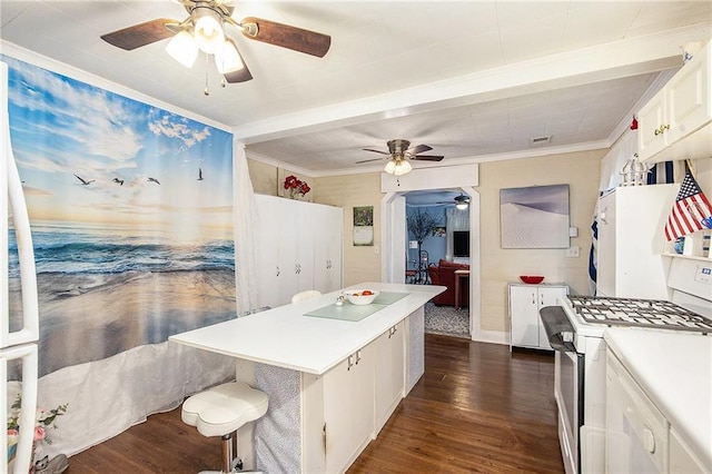 4329 Park St, Acworth, GA 30101 - kitchen featuring ceiling fan, white range with gas stovetop, dark wood finished floors, ornamental molding, and a kitchen island