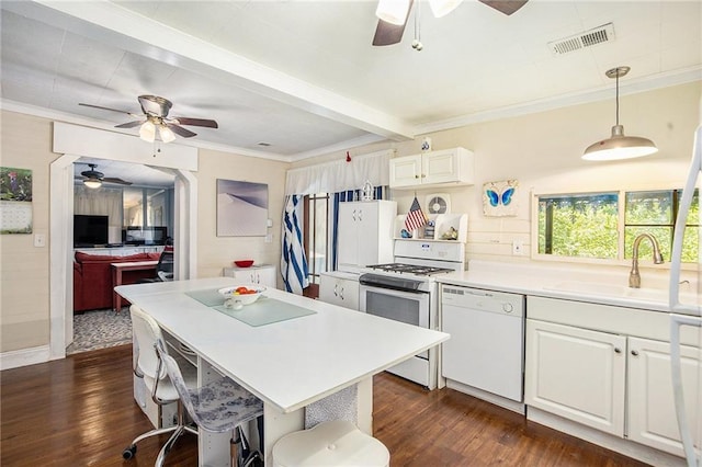 4329 Park St, Acworth, GA 30101 - kitchen featuring white appliances, ceiling fan, ornamental molding, dark wood-type flooring, and light countertops