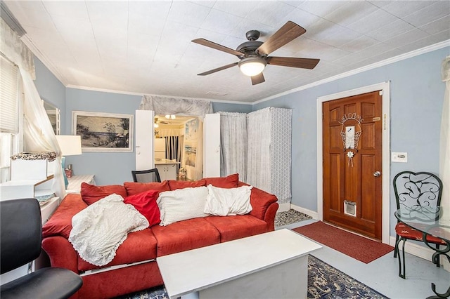 4329 Park St, Acworth, GA 30101 - living room with ceiling fan, ornamental molding, and concrete floors