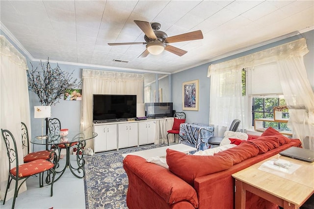 4329 Park St, Acworth, GA 30101 - living area with ceiling fan, finished concrete flooring, and crown molding