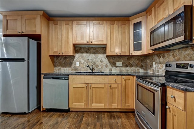 kitchen featuring dark hardwood / wood-style flooring, sink, dark stone countertops, and stainless steel appliances