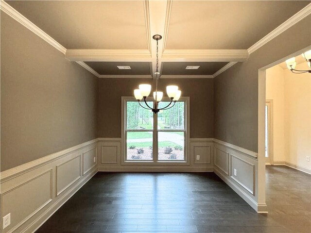 121 Honey Creek Rd, Conyers, GA 30094 - unfurnished dining area featuring beamed ceiling, coffered ceiling, an inviting chandelier, and dark wood-style flooring