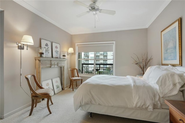 bedroom featuring a ceiling fan, light colored carpet, crown molding, and baseboards