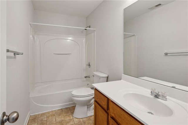 full bathroom with vanity, bathtub / shower combination, and toilet