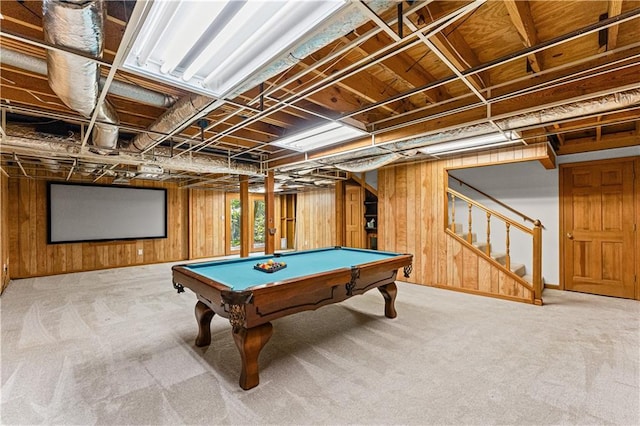 220 Hollyridge Dr, Roswell, GA 30076 - playroom with carpet flooring, billiards, and wooden walls