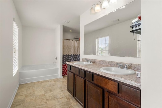 105 Arbor Creek Trl, Dallas, GA 30157 - bathroom featuring a bath, double vanity, baseboards, and a shower with curtain