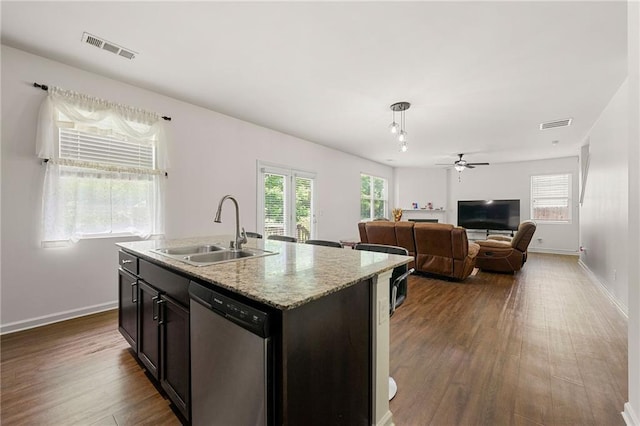 105 Arbor Creek Trl, Dallas, GA 30157 - kitchen featuring dishwasher, a sink, dark wood-style floors, baseboards, and ceiling fan