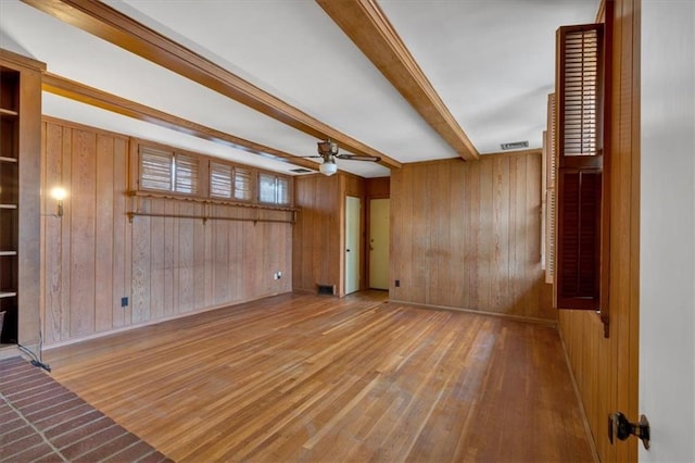 unfurnished living room featuring beam ceiling, wooden walls, wood finished floors, and visible vents