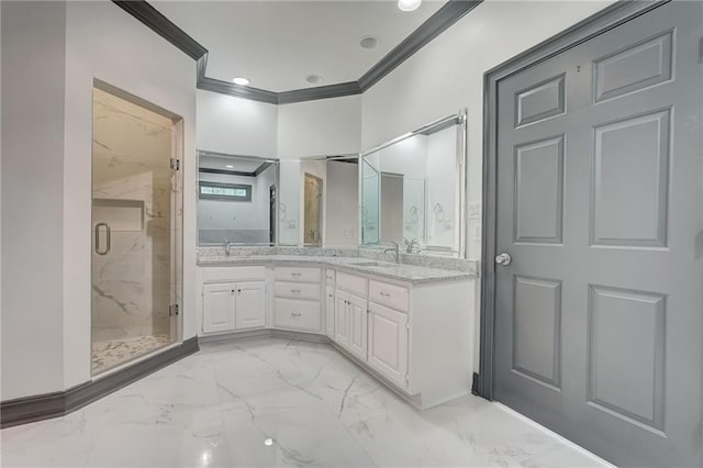 bathroom with a shower with door, crown molding, and vanity