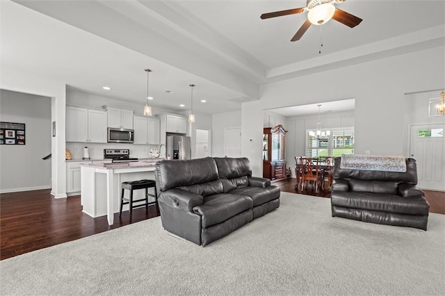777 Tucker Trl, Bremen, GA 30110 - living area featuring a chandelier, dark wood-type flooring, a ceiling fan, recessed lighting, and baseboards