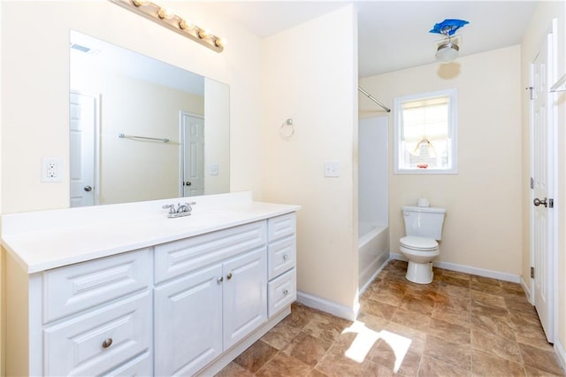 full bathroom with vanity,  shower combination, toilet, and tile patterned flooring