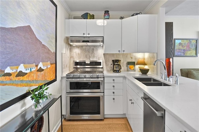 620 Peachtree St NE Unit 1111, Atlanta, GA 30308 - kitchen featuring under cabinet range hood, stainless steel appliances, a sink, crown molding, and light countertops