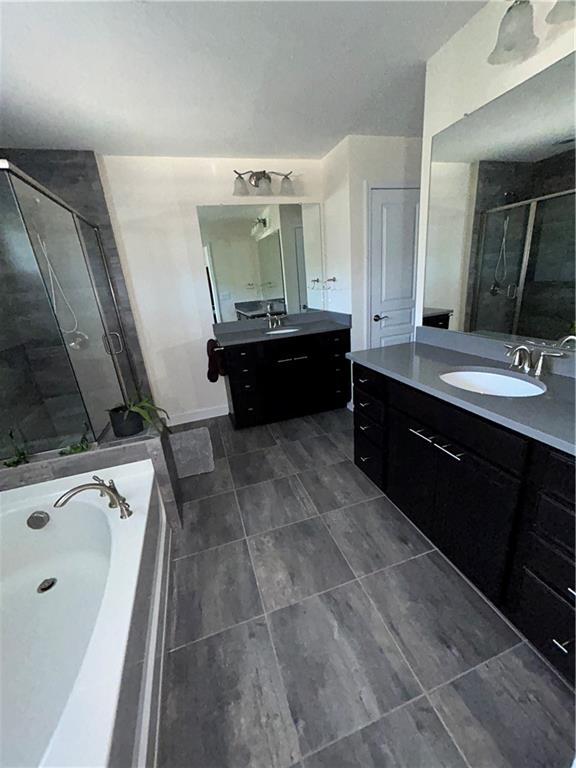 bathroom with vanity and separate shower and tub