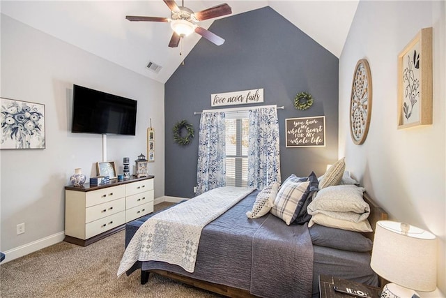 bedroom with ceiling fan, high vaulted ceiling, and carpet floors