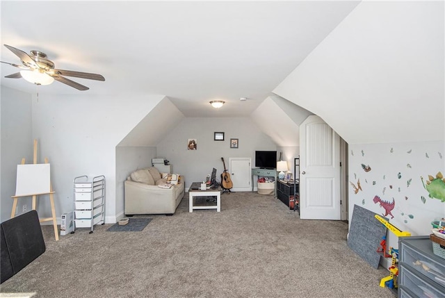 interior space with lofted ceiling and ceiling fan