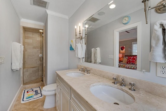 full bath with crown molding, visible vents, a sink, and ensuite bathroom