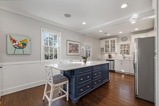 kitchen featuring wainscoting, blue cabinets, stainless steel appliances, white cabinetry, and a sink