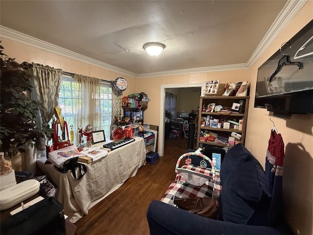 interior space featuring crown molding and dark wood finished floors