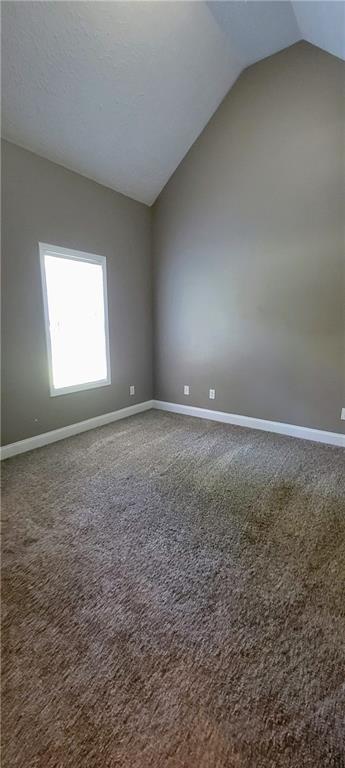 carpeted spare room with lofted ceiling