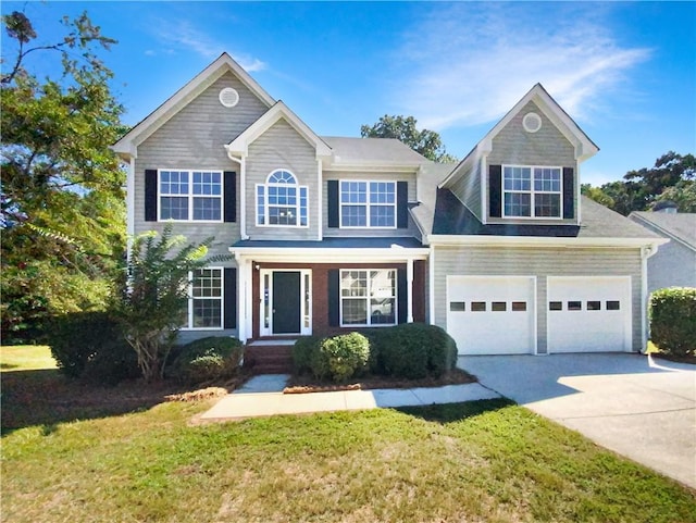 view of front of house featuring a garage, driveway, and a front lawn