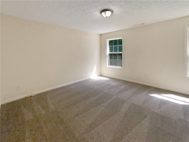 empty room featuring carpet, a textured ceiling, and baseboards