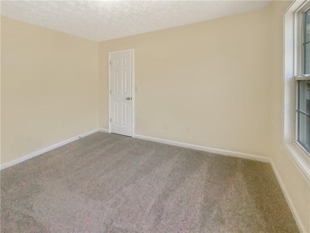 unfurnished room with plenty of natural light, a textured ceiling, baseboards, and carpet flooring