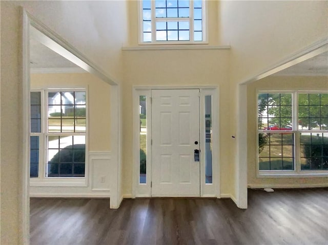 entrance foyer with dark wood-type flooring, ornamental molding, and a towering ceiling