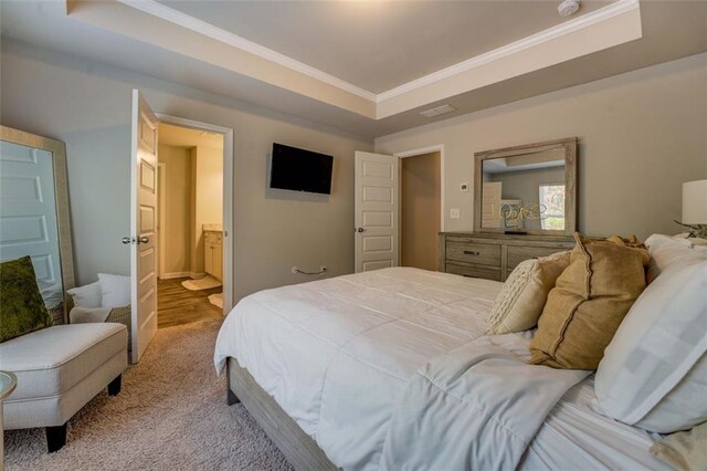 bedroom featuring ornamental molding, a raised ceiling, and connected bathroom