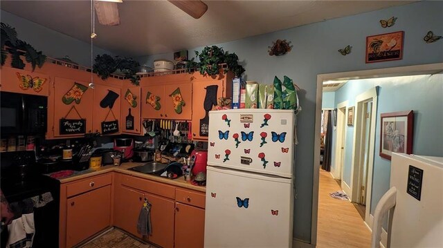 kitchen with white refrigerator, light wood-type flooring, ceiling fan, refrigerator, and sink