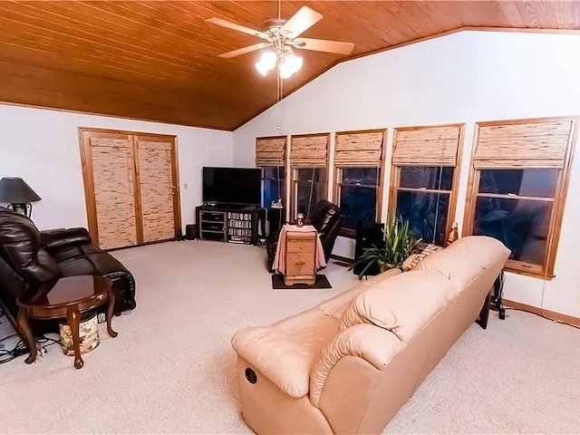 307 Little Hickory Ln, Woodstock, GA 30189 - living room featuring carpet flooring, lofted ceiling, a ceiling fan, and wood ceiling