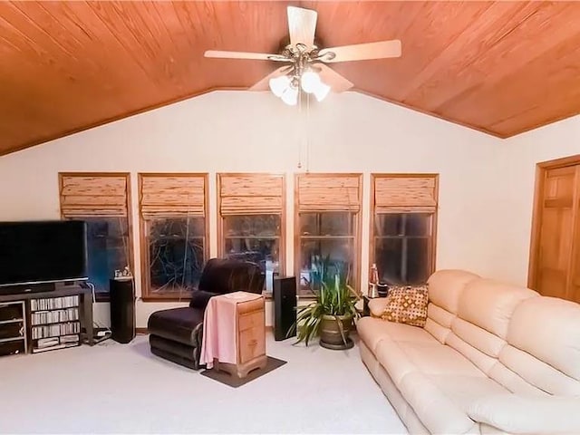 307 Little Hickory Ln, Woodstock, GA 30189 - carpeted living room with lofted ceiling, a ceiling fan, and wooden ceiling