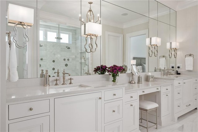10155 Cedar Ridge Dr, Milton, GA 30004 - full bathroom featuring double vanity, a shower stall, ornamental molding, and a chandelier