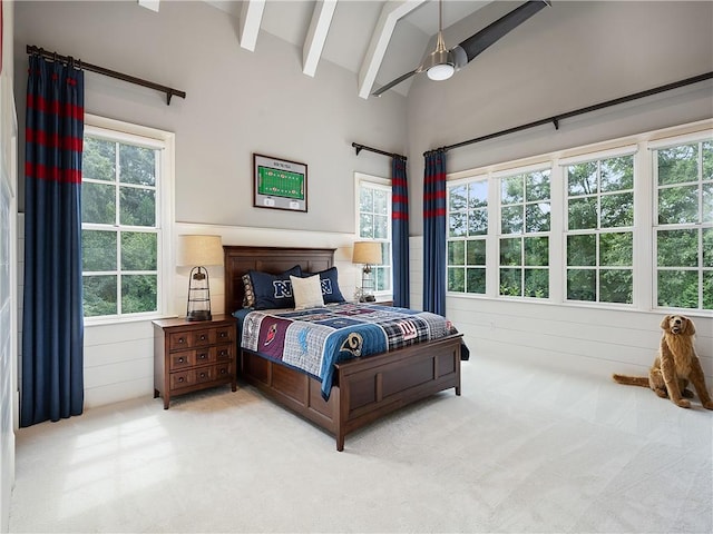 10155 Cedar Ridge Dr, Milton, GA 30004 - carpeted bedroom featuring beam ceiling, ceiling fan, and high vaulted ceiling