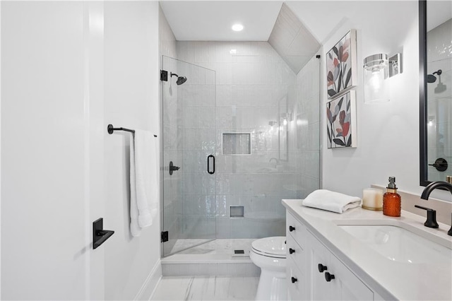 10155 Cedar Ridge Dr, Milton, GA 30004 - bathroom featuring vanity, toilet, a shower stall, marble finish flooring, and baseboards