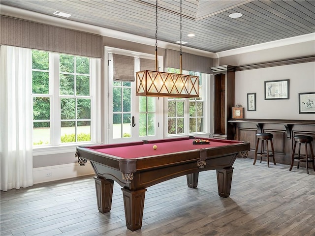 10155 Cedar Ridge Dr, Milton, GA 30004 - game room with billiards, ornamental molding, wood finished floors, wooden ceiling, and a dry bar