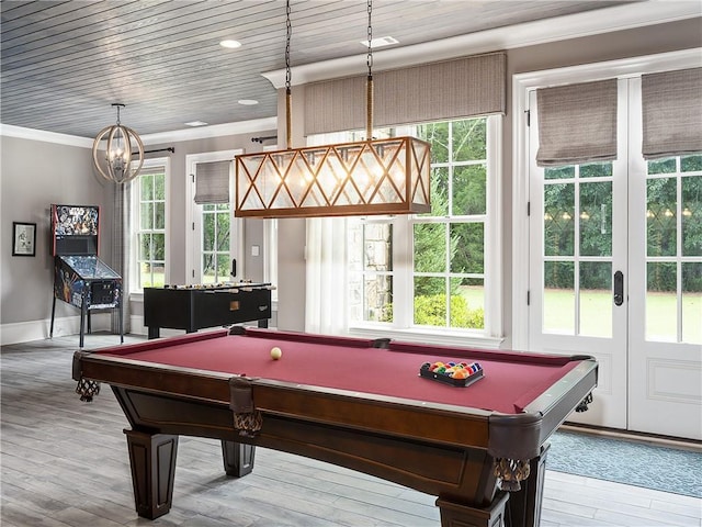 10155 Cedar Ridge Dr, Milton, GA 30004 - recreation room with billiards table, a chandelier, crown molding, wood finished floors, and baseboards