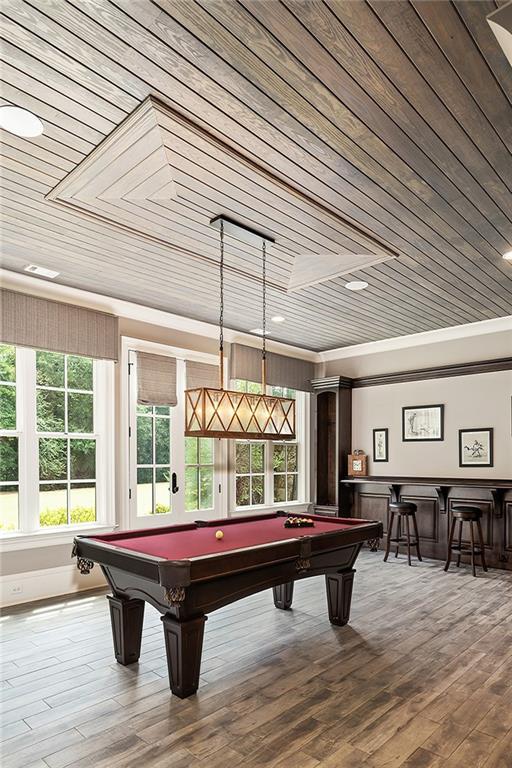 10155 Cedar Ridge Dr, Milton, GA 30004 - game room with crown molding, wooden ceiling, billiards, wood finished floors, and a community bar
