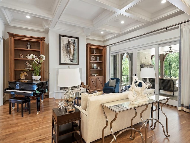 10155 Cedar Ridge Dr, Milton, GA 30004 - living room with beam ceiling, light wood finished floors, coffered ceiling, ornamental molding, and recessed lighting