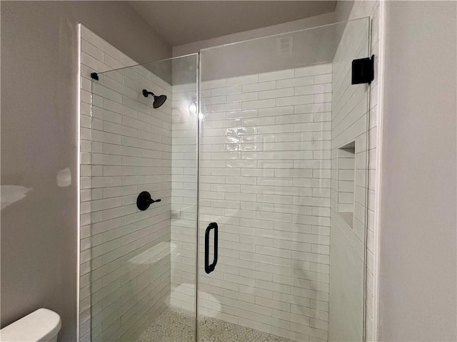 bathroom with toilet and a stall shower