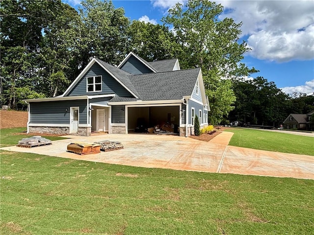 craftsman-style home featuring an attached garage, concrete driveway, stone siding, roof with shingles, and a front lawn