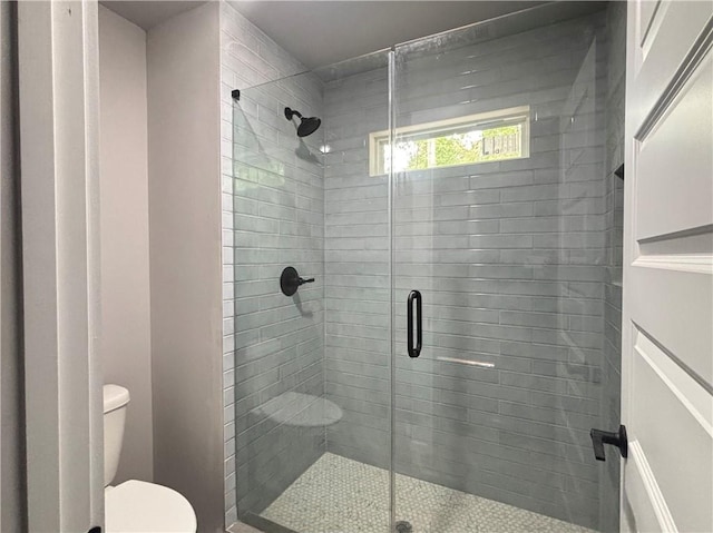 full bathroom with a stall shower and toilet