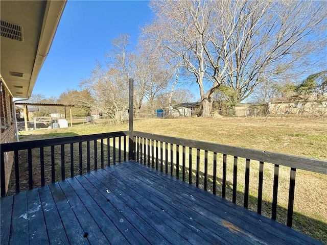 wooden deck with a yard and a fenced backyard