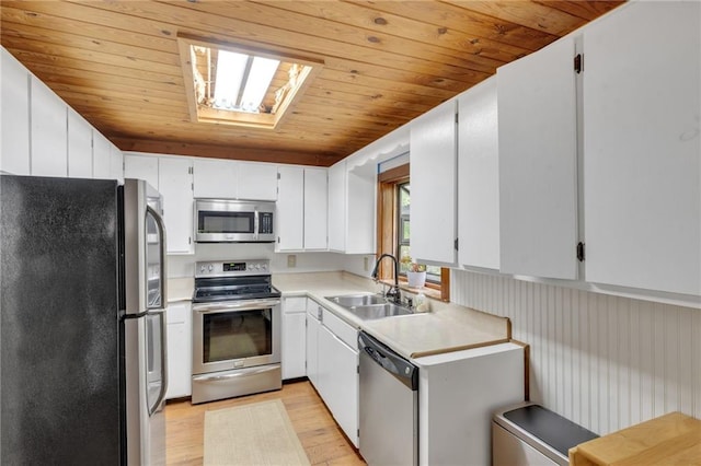 kitchen featuring light hardwood / wood-style flooring, white cabinetry, wood ceiling, appliances with stainless steel finishes, and sink