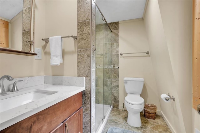 bathroom featuring tile floors, walk in shower, vanity, and toilet