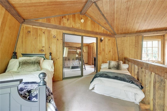 carpeted bedroom with vaulted ceiling with beams, wooden walls, and wooden ceiling