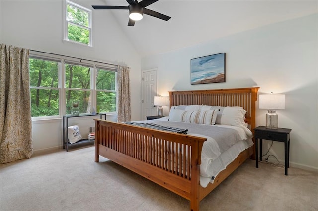 367 Windflower Dr, Big Canoe, GA 30143 - carpeted bedroom featuring high vaulted ceiling, multiple windows, and ceiling fan