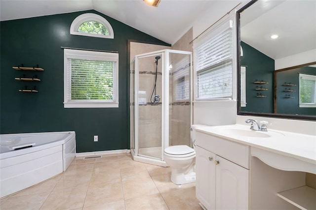 890 Oriole Ln SE, Marietta, GA 30067 - full bathroom featuring lofted ceiling, a stall shower, vanity, tile patterned floors, and a garden tub