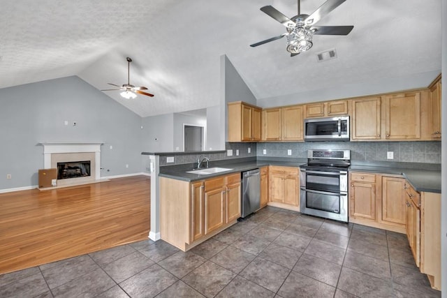 kitchen with dark countertops, ceiling fan, a sink, appliances with stainless steel finishes, and vaulted ceiling